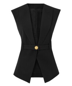 S-XL Three Colors High Quality Fashion Solid Sleeveless Lapel Waistband Fits Well with Commuter Style Women's Vest