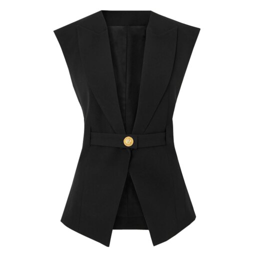 S-XL Three Colors High Quality Fashion Solid Sleeveless Lapel Waistband Fits Well with Commuter Style Women's Vest