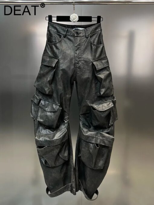 DEAT Multi Pocket Design Vintage PU Leather Pants For Women High Waist Single Button Cargo Trousers 2023 Autumn Female 11XX5286