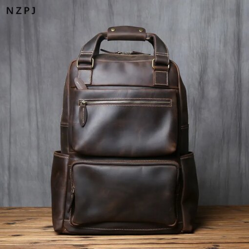 Retro Leather Men's Backpack Top Layer Leather Large Capacity Computer Backpack Crazy Horse Leather Leisure Travel  Men Bag NZPJ