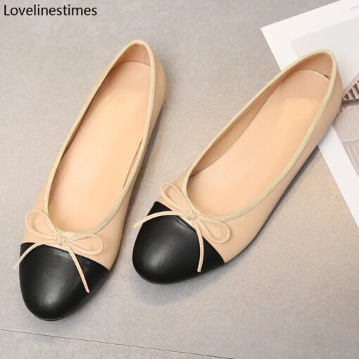 Ballet Flats Classic Shoes Women Basic 2024 Leather Tweed Cloth Two Color Splice Bow Round Ballet Shoe Fashion Flats Women Shoes
