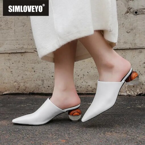 SIMLOVEYO Women Slippers Real Cow Leather Shoes Pointed Toe Mules Strange Heels Sheepskin Summer Pantoufle Brand Designer A1678