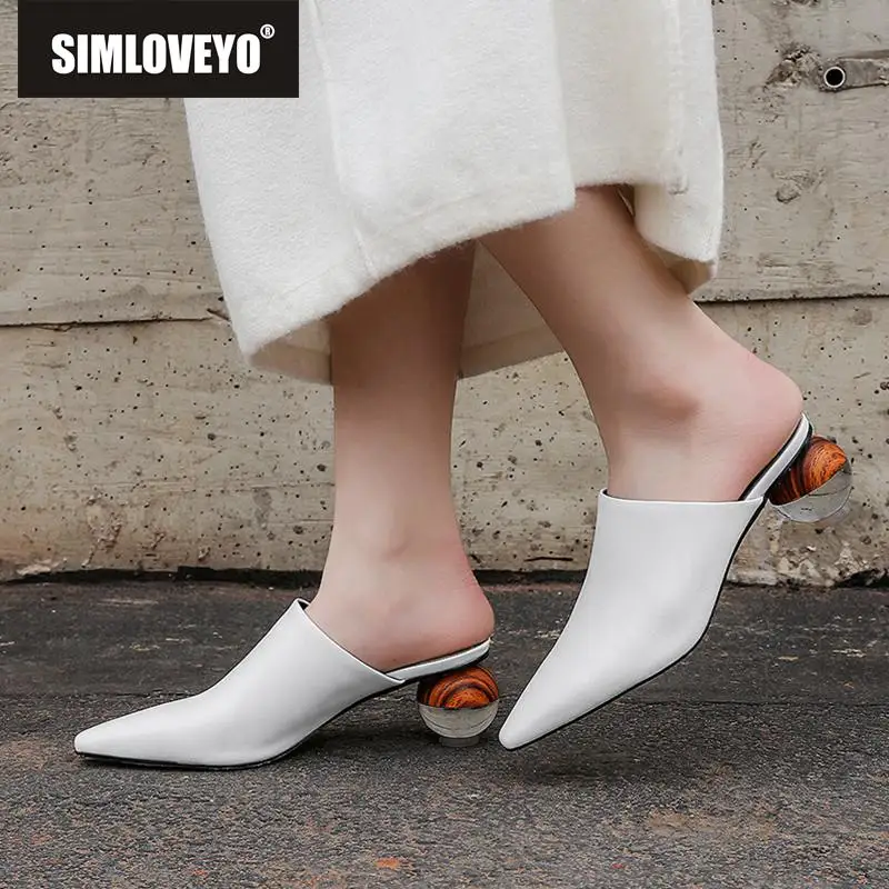 SIMLOVEYO Women Slippers Real Cow Leather Shoes Pointed Toe Mules Strange Heels Sheepskin Summer Pantoufle Brand Designer A1678