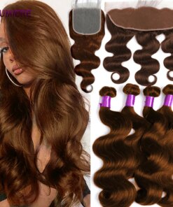 32inch #4 Chocolate Auburn Brown Body Wave Human Hair Weave Bundle with Closure Frontal 5x5 HD Ombre Colored Bundle With Closure