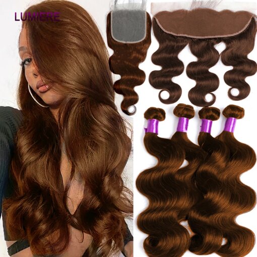 32inch #4 Chocolate Auburn Brown Body Wave Human Hair Weave Bundle with Closure Frontal 5x5 HD Ombre Colored Bundle With Closure