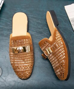 Men's Gold Designer Luxury Brand Mules Italian Summer Sandals Loafers Half Shoes Diamond Leather Male Slides Slippers for Men 48