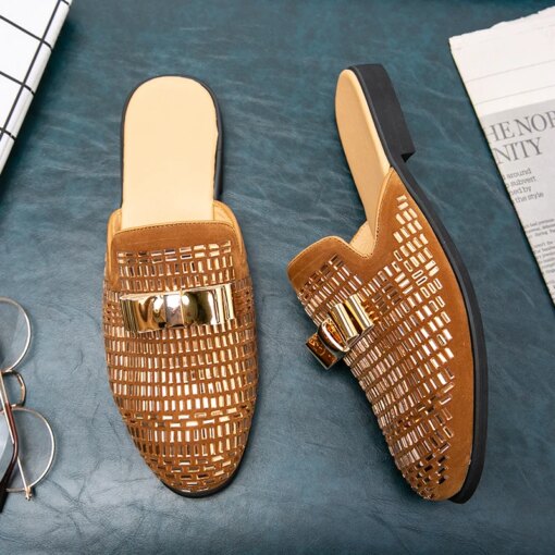 Men's Gold Designer Luxury Brand Mules Italian Summer Sandals Loafers Half Shoes Diamond Leather Male Slides Slippers for Men 48