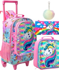 3PCS Rolling Backpack for Girls Kids Roller Wheels Bookbag  with Lunch Bag Pink Unicorn Glow-in-the-dark Function