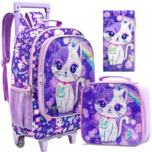 3PCS Rolling Backpack for Girls Kids Roller Wheels Bookbag with Lunch Bag Purple Cat Pattern Design Glow-in-the-dark Function