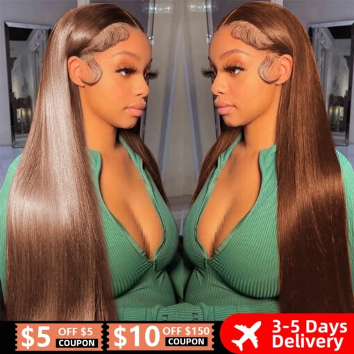 13x4 Straight Chocolate Brown Lace Front Human Hair Wigs For Women Pre Plucked Honey Brown 13x6 HD Transparent Lace Frontal Wigs