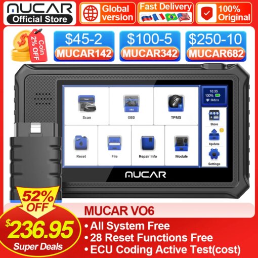 MUCAR VO6 All Cars Lifetime Free Full System 28 Resets Obd2 Diagnostic Tools BI-Directional ECU Coding Scan Obd 2 Auto Scanner