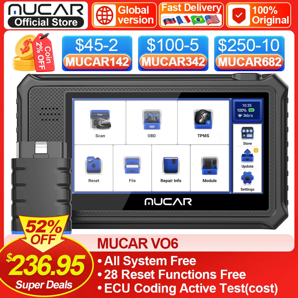 MUCAR VO6 All Cars Lifetime Free Full System 28 Resets Obd2 Diagnostic Tools BI-Directional ECU Coding Scan Obd 2 Auto Scanner