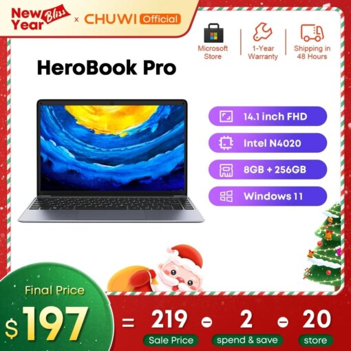 CHUWI HeroBook Pro 14.1" 1920x1080 Resolution Intel Celeron N4020 Dual Core Windows 10 OS 8GB RAM 256GB SSD Laptop with Mini HD