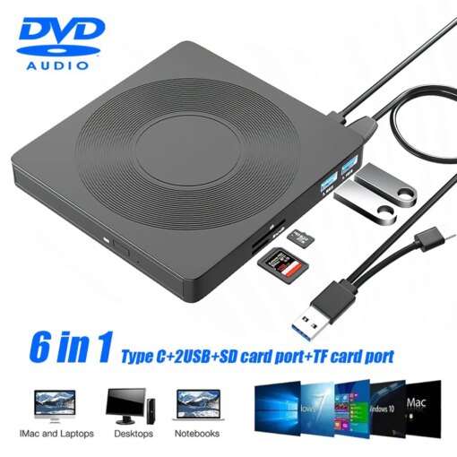 6-in-1 Slim USB External DVD Recorder Portable High Speed Transfer DVD Recorder USB3.0 External Drive for Laptops Computer CD