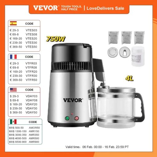 VEVOR 4L Water Distiller Purifier Filter for Drinking Water Bottle Electric Kettle Stainless Steel Cooler Office Home Appliances
