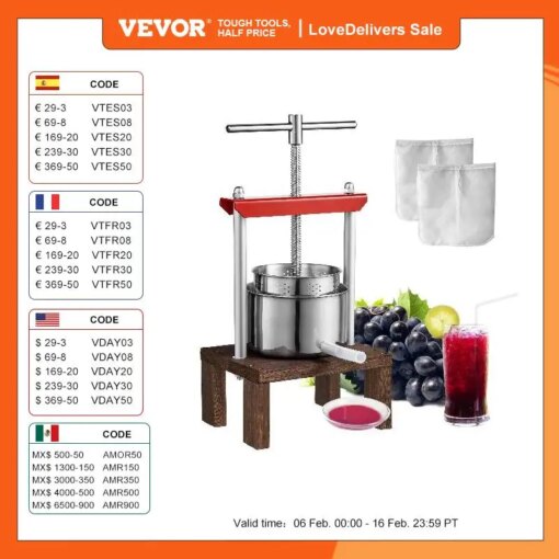 VEVOR 2L Orange Juicer Extractor Stainless Steel Household Manual Squeezer Fruit Tincture Wine Olive Pressing Kitchen Machine