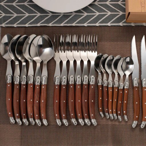 24pcs Laguiole Tableware set Wood Handle Korean Dinnerware Stainless steel 6 Steak Knives 6 Forks 6 Spoon 6 Teaspoon Cutlery
