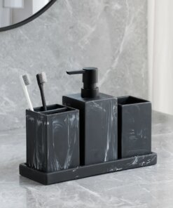 Bathroom Accessories Complete Marble Pattern Lotion Soap Dispenser,Toothbrush Holder,Tumbler,Tray Resin material Black white
