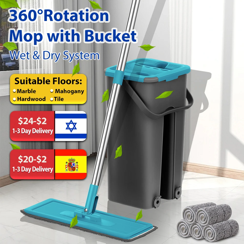 Flat Squeeze Mop with Spin Bucket Hand Free Wringing Floor Cleaning Microfiber Mop Pads Wet or Dry Usage on Hardwood Laminate
