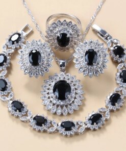 New Fashion  Big Jewelry Sets Women Costume Zircon Sunflower 925 Silver Clip Earrings Necklace Bracelet And Ring Sets