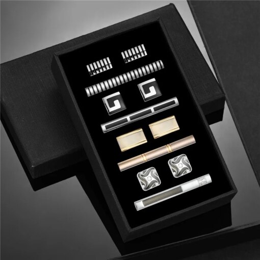 4 Sets Tie Clips & Cufflinks Set With Box Wedding Guests Gift Man Shirt Cufflink Pisa Ties For Men Luxury Men's Gift For Husband