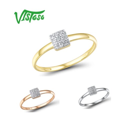 VISTOSO Pure 14K 585 Rose White Gold Sparkling Diamond Delicate Square Ring For Women Anniversary Engagement Trendy Fine Jewelry