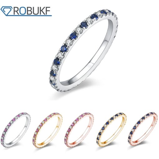1.5mm Full Moissanite Rings for Women Pink Blue Sapphire Mixed White Diamond Stackable Wedding Band 925 Sterling Silver Jewelry