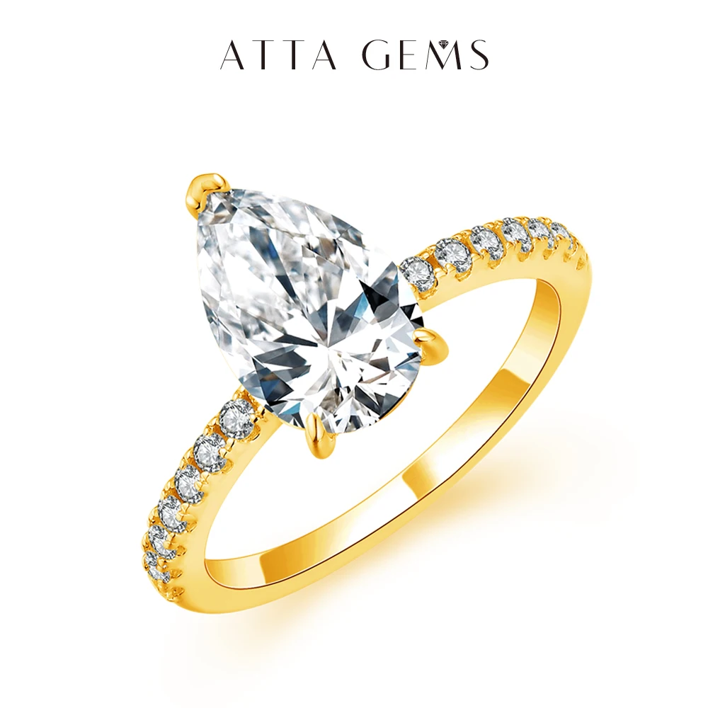 ATTAGEMS New D Color Moissanite Ring Pear Cut 3.0ct 925 Sterling Silver Pure 18K 14K 10K Gold Au585 Ring for Women Fine Jewelry