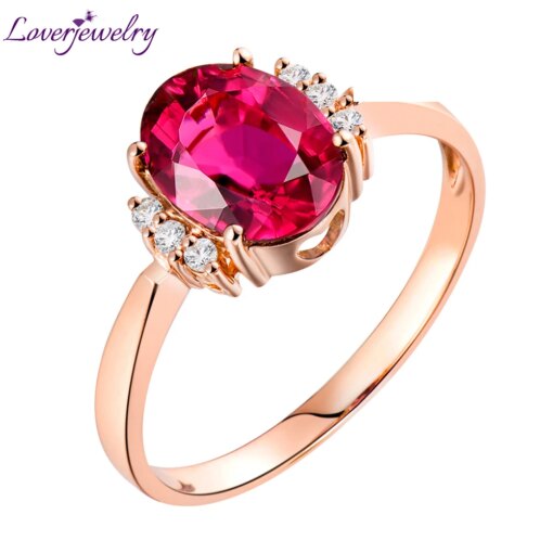 LOVERJEWELRY 14K Rose Gold Natural Diamond Pink Tourmaline Ring Genuine Gemstone Ring Jewelry Wedding Party Rings For Women Gift