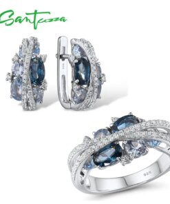SANTUZZA Genuine 925 Silver Jewelry Set For Women Sparkling Blue Spinel Earrings Ring Set Delicate Luxury серьги Fine Jewelry