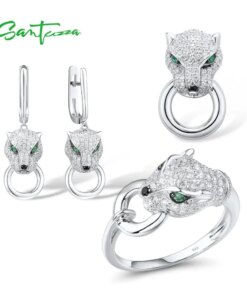 SANTUZZA 925 Sterling Silver Jewelry Set For Women White CZ Green Eyes Ring Earrings Pendant Leopard Set кольца Fine Jewelry