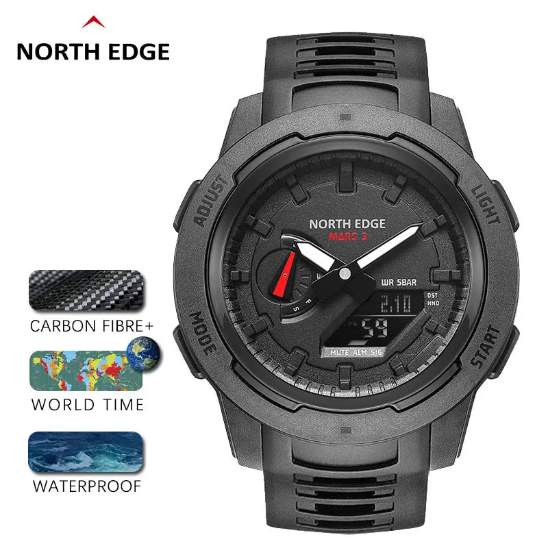 Outdoor Sports Watch For Men Carbon Fiber Case Multifunctional Time Stopwatch Alarm Clock World Time Waterproof 50M Reloj Hombre