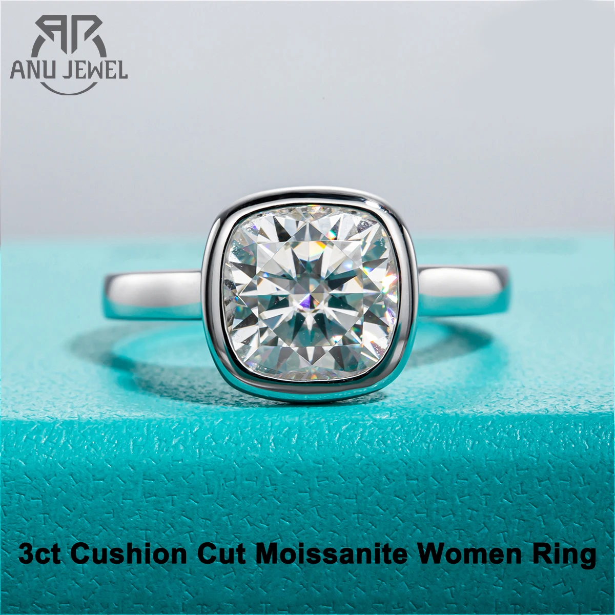 AnuJewel 3ct D Color Cushion Cut Moissanite Bezel Engagement Wedding Ring 925 Sterling Silver Rings For Women Jewelry Wholesale