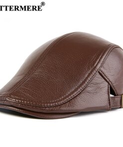 BUTTERMERE Men Beret Hat Real Leather Flat Cap Sheepskin Autumn Winter Male Brown Adjustable High Quality Gatsby Mens Beret Caps