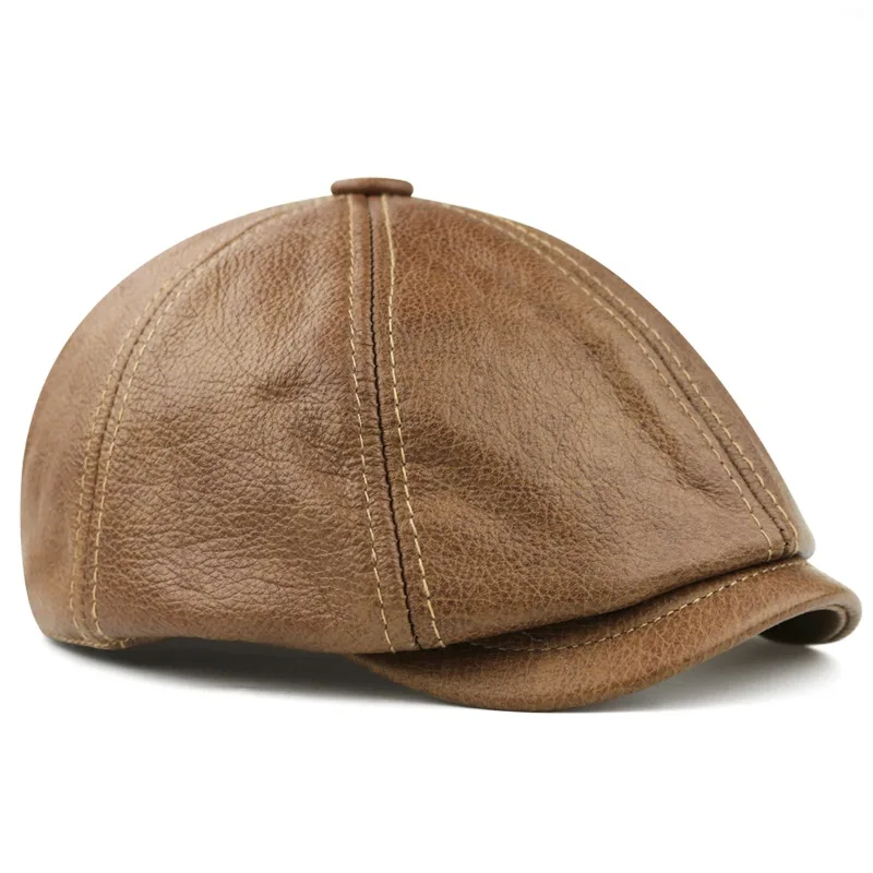Leather Octagonal Beret for Men Genuine Cowhide Peaked Hat Newsboy Forward Cap British Fitted Black/Khaki casquette Streetwear