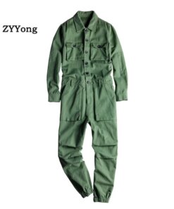 Men's Jumpsuit Long Sleeve Lapel Beam Feet Cotton Overalls Hip Hop Streetwear Loose Cargo Pants Green Black Freight Trousers