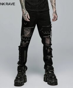 PUNK RAVE New Men's Punk Rock Broken Hole Net Black Long  Trousers Gothic Casual Male Motocycle Cotton Denim Pants Visual Kei