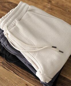 Winter Japanese Retro Heavyweight Thick Velvet Waffle Knitted Sweatpants Men's Casual Sport Elastic Waist Drawstring Loose Pants
