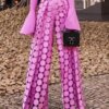 Lemongor Female All-Match Hollow Polka Dot High Waisted Wide Leg Pants 2023 Spring Autumn Solid Color Fashion Causal Trousers