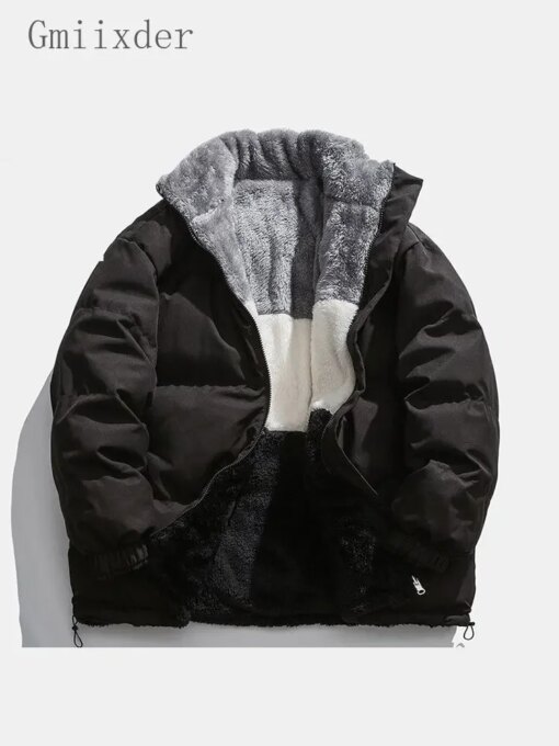 Gmiixder Two-sided Wear Padded Jacket Men Women Winter Stand Collar Preppy Handsome Thickened Coat Unisex Lambswool Down Jacket
