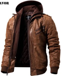 FLAVOR Men's Real Leather Jacket Men Motorcycle Removable Hood winter coat Men Warm Genuine Leather Jackets