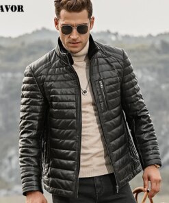 FLAVOR Men's Real Leather Down Jacket Men Genuine Lambskin Winter Warm Leather Coat with Removable Standing Sheep Fur Collar