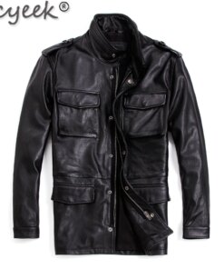 Tcyeek Cowhide Genuine Leather Jacket Men Clothing Motorcycle Men's Jacket Safaried M65 Trench Coat Mid-length Jaqueta Masculina