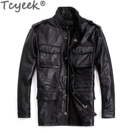 Tcyeek Cowhide Genuine Leather Jacket Men Clothing Motorcycle Men's Jacket Safaried M65 Trench Coat Mid-length Jaqueta Masculina