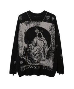 With Necklace Ripped Oversized Sweaters Frayed Knitted Black Goth Men Y2k Grunge Women Vintage Sweater Harajuku Tops Pullovers