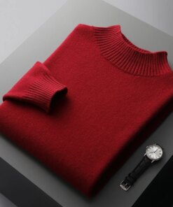 100% Pure Wool Cashmere Sweater Men's Half Turtleneck Pullover Casual Fashion Thickening Tops Knit Loose Patchwork Men's Jacket