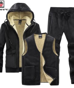 Men Winter Plus Velvet Thick Tracksuits Men's Lamb Cashmere Hoodies+vests+pants Three-pieces Sets Men Warm Casual Lamb Wool Sets