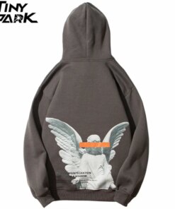 Mens 2023 Hip Hop Streetwear Harajuku Pullover Angel God Printed Hoodie Pocket Cotton Fleece Pullover Grey Hooded Sweatshirt