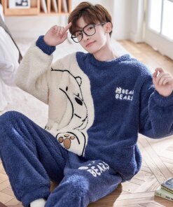 Winter Korean Men Pajamas Sets Adult Sleepwear Home Clothes Thicken Soft Pijama Suit Loungewear Loose Bear Male Pyjama Clothing