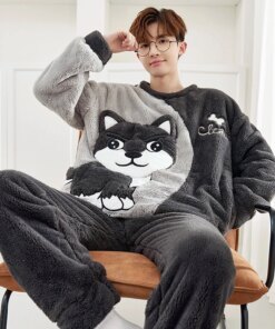 Siberian Husky Men Pajamas Set Adult Sleepwear Winter Thicken Pyjamas Homewear Coral Velvet Soft Warm Leisure Loungewear Pijamas